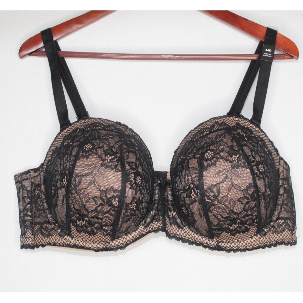 Torrid Curve Push Up Strapless Size 44D Black Beige Lace‎ Wired Padded Bra NWT